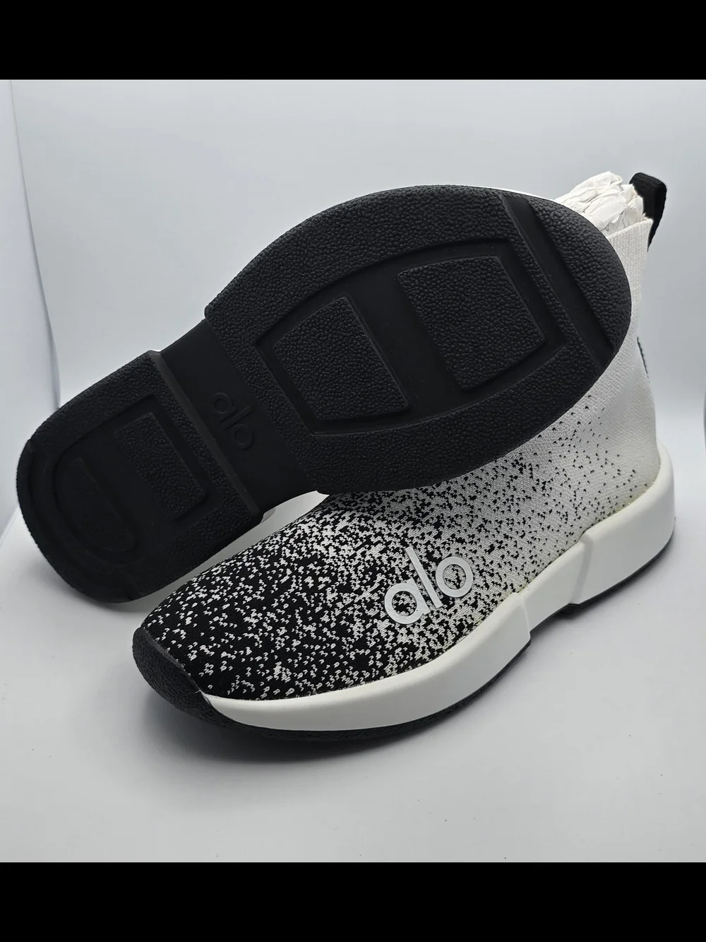 ALO Yoga Women's Sock-Style Sneakers in White and Black Speckle
